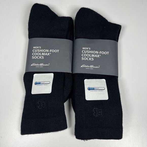 2-Pairs EDDIE BAUER Men's Cushion-Foot COOLMAX Socks Black Size 8-13 - Picture 1 of 5